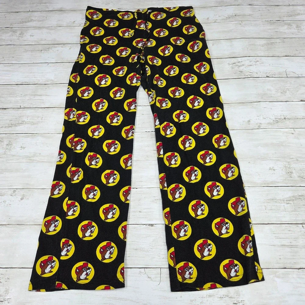 Buc-ee's Logo Print Pajama Pants Lounge Straight Leg Women Small Black Yellow